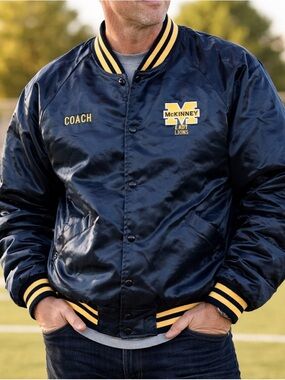 Vintage 80’s King Louie Satin Bomber Jacket Made In USA McKinney Coach Blue XL